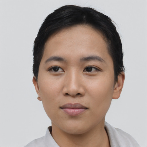 Neutral asian young-adult female with short  black hair and brown eyes