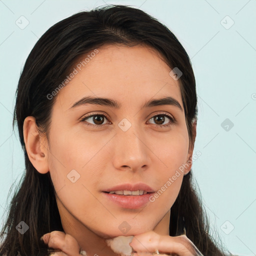 Neutral white young-adult female with medium  brown hair and brown eyes