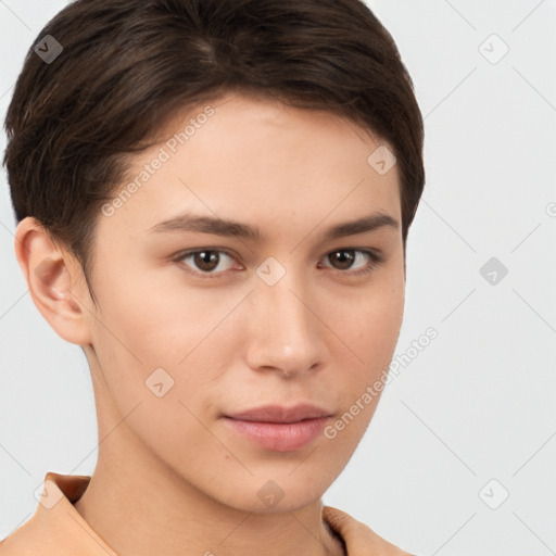 Neutral white young-adult female with short  brown hair and brown eyes