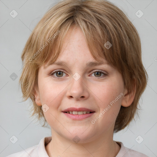 Joyful white young-adult female with medium  brown hair and blue eyes