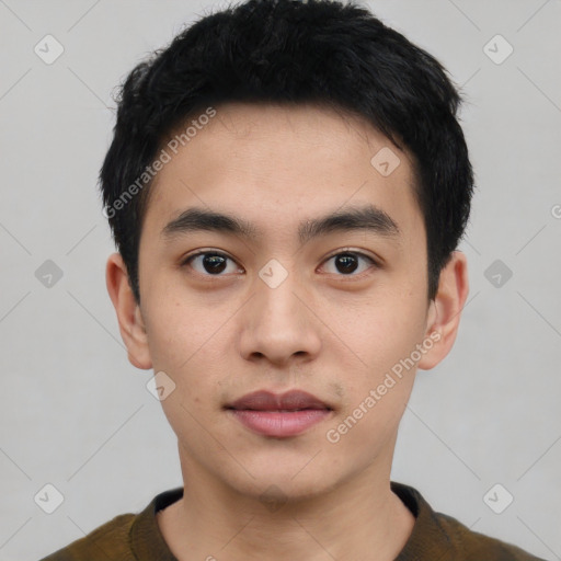 Neutral asian young-adult male with short  black hair and brown eyes