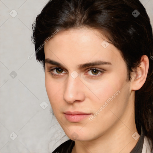 Neutral white young-adult female with medium  brown hair and brown eyes