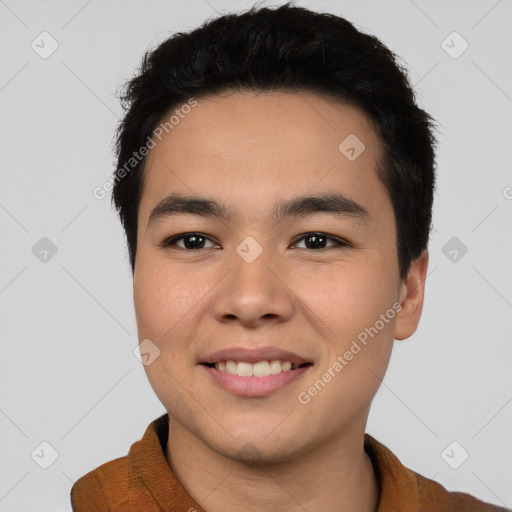 Joyful asian young-adult male with short  black hair and brown eyes