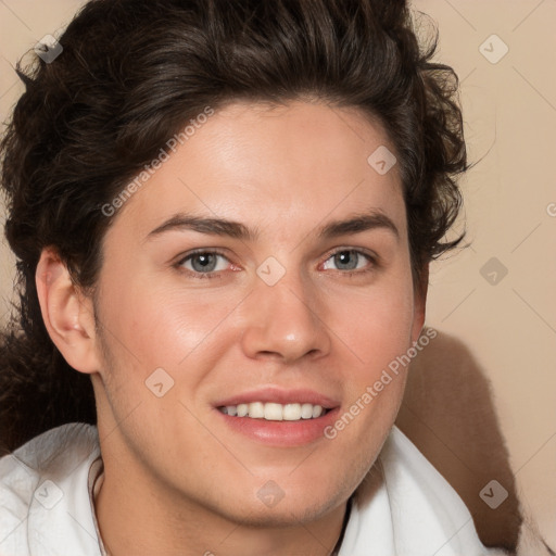 Joyful white young-adult male with medium  brown hair and brown eyes