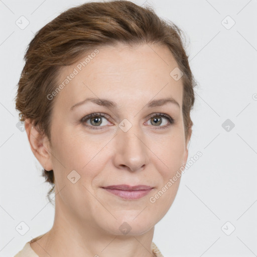 Joyful white young-adult female with medium  brown hair and green eyes