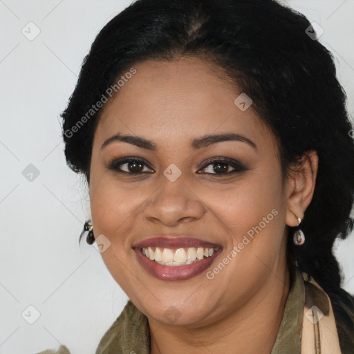 Joyful latino young-adult female with long  brown hair and brown eyes