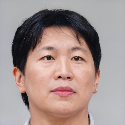 Neutral asian adult male with short  brown hair and brown eyes
