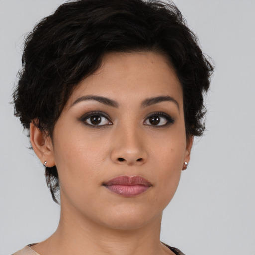 Neutral asian young-adult female with short  brown hair and brown eyes