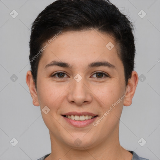 Joyful white young-adult female with short  brown hair and brown eyes