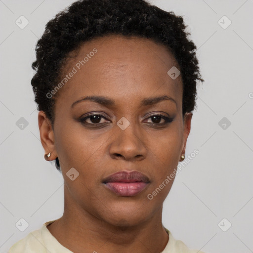 Neutral black young-adult female with short  brown hair and brown eyes