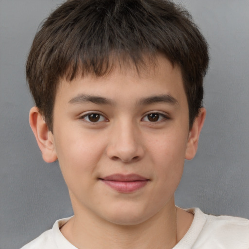 Joyful white child male with short  brown hair and brown eyes