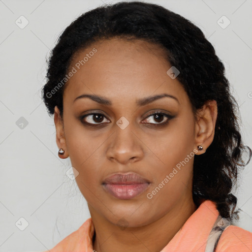 Joyful latino young-adult female with medium  black hair and brown eyes