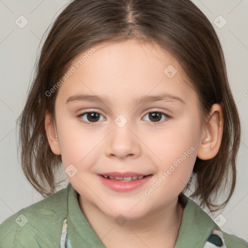 Joyful white child female with medium  brown hair and brown eyes