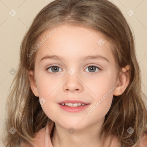 Joyful white child female with medium  brown hair and brown eyes