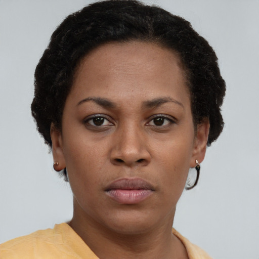 Neutral latino young-adult female with short  brown hair and brown eyes