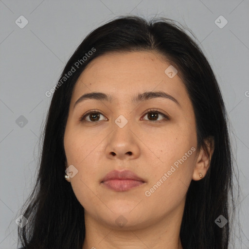 Neutral asian young-adult female with long  black hair and brown eyes