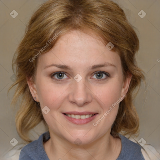 Joyful white young-adult female with medium  brown hair and blue eyes