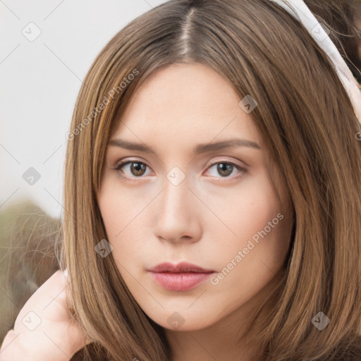 Neutral white young-adult female with long  brown hair and brown eyes