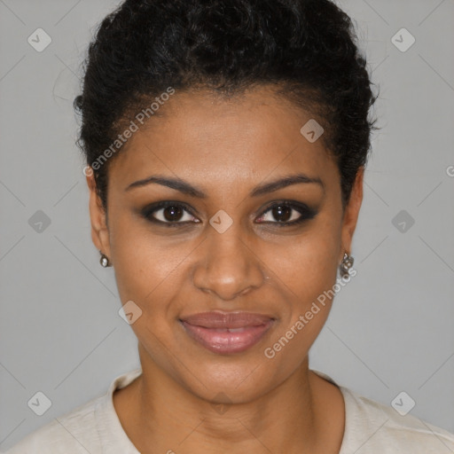 Joyful black young-adult female with short  brown hair and brown eyes