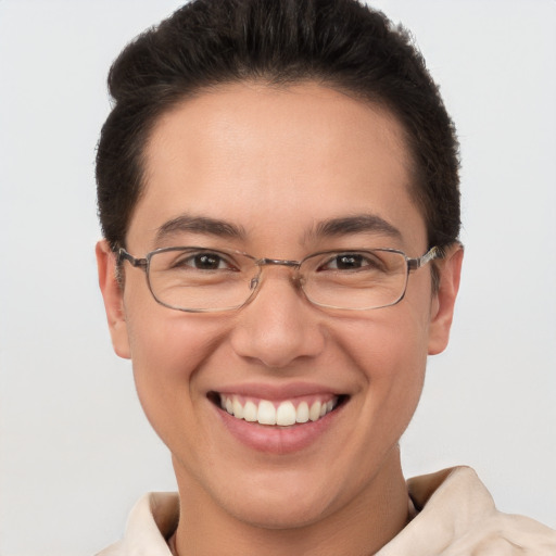 Joyful white adult female with short  brown hair and brown eyes