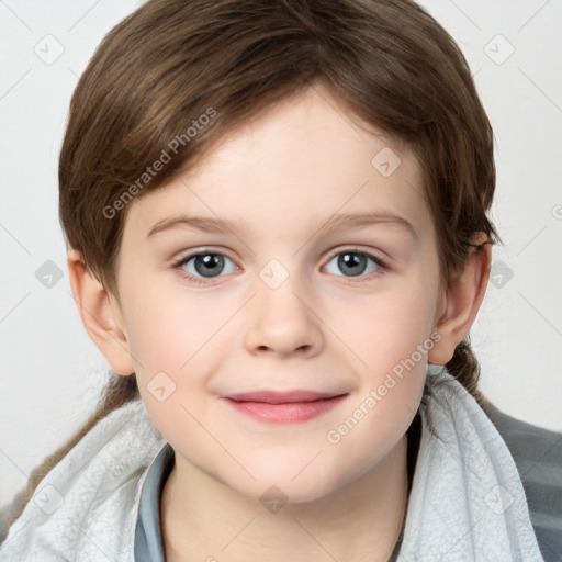 Joyful white child female with medium  brown hair and grey eyes