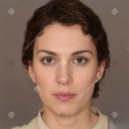 Neutral white young-adult female with medium  brown hair and brown eyes