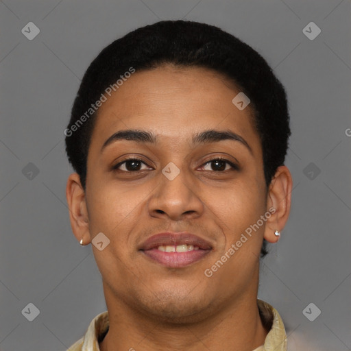 Joyful latino young-adult female with short  brown hair and brown eyes