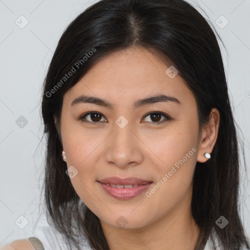 Joyful asian young-adult female with medium  brown hair and brown eyes