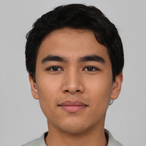 Neutral asian young-adult male with short  black hair and brown eyes