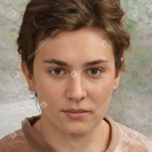 Neutral white young-adult female with short  brown hair and brown eyes