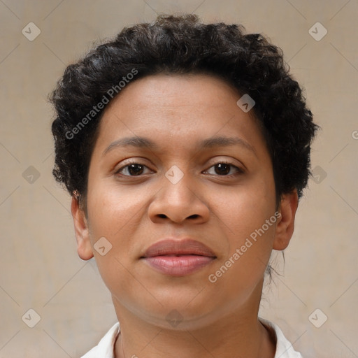 Joyful latino young-adult female with short  brown hair and brown eyes