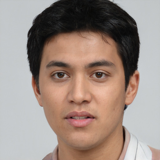 Neutral asian young-adult male with short  black hair and brown eyes