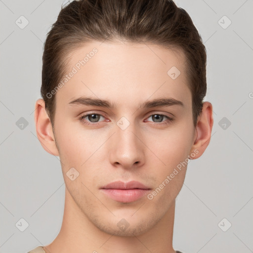 Neutral white young-adult male with short  brown hair and brown eyes