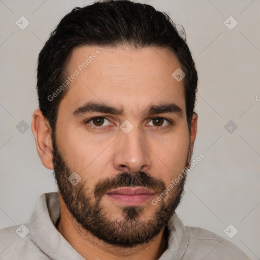 Neutral white young-adult male with short  brown hair and brown eyes