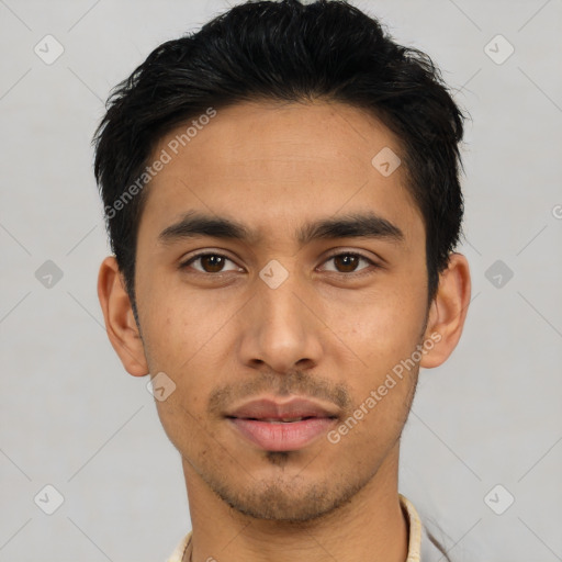 Neutral asian young-adult male with short  black hair and brown eyes