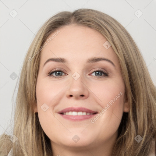 Joyful white young-adult female with long  brown hair and grey eyes