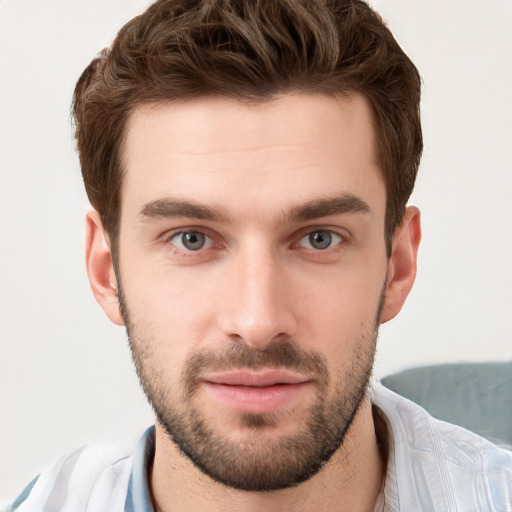 Neutral white young-adult male with short  brown hair and grey eyes