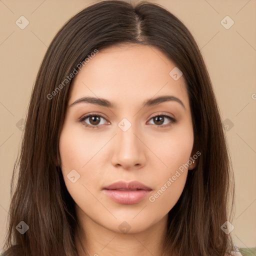 Neutral white young-adult female with long  brown hair and brown eyes