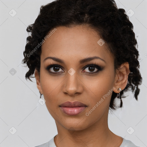 Neutral latino young-adult female with short  brown hair and brown eyes