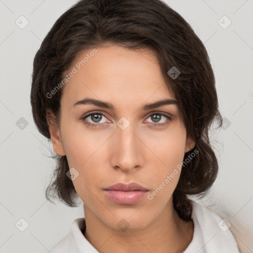 Neutral white young-adult female with medium  brown hair and brown eyes