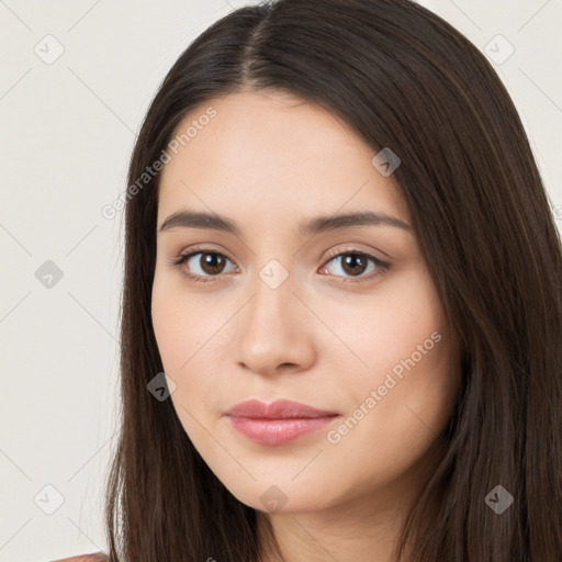 Neutral white young-adult female with long  brown hair and brown eyes