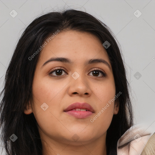 Joyful asian young-adult female with long  brown hair and brown eyes