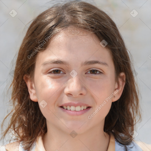 Joyful white child female with medium  brown hair and brown eyes