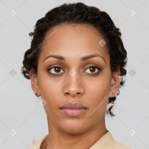 Neutral latino young-adult female with short  brown hair and brown eyes