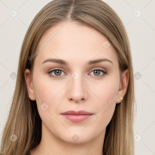 Neutral white young-adult female with long  brown hair and brown eyes