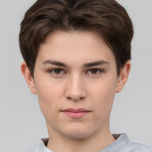 Neutral white young-adult male with short  brown hair and brown eyes