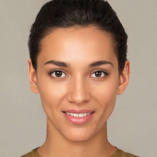 Joyful white young-adult female with short  brown hair and brown eyes