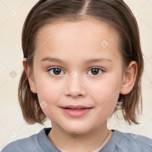 Joyful white child female with medium  brown hair and brown eyes