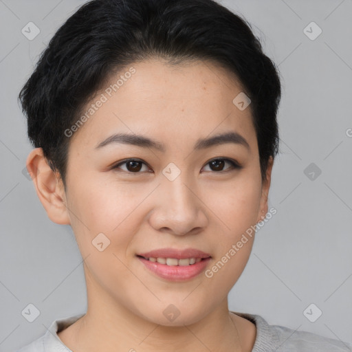 Joyful asian young-adult female with short  brown hair and brown eyes