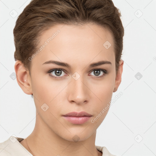 Neutral white young-adult female with short  brown hair and brown eyes